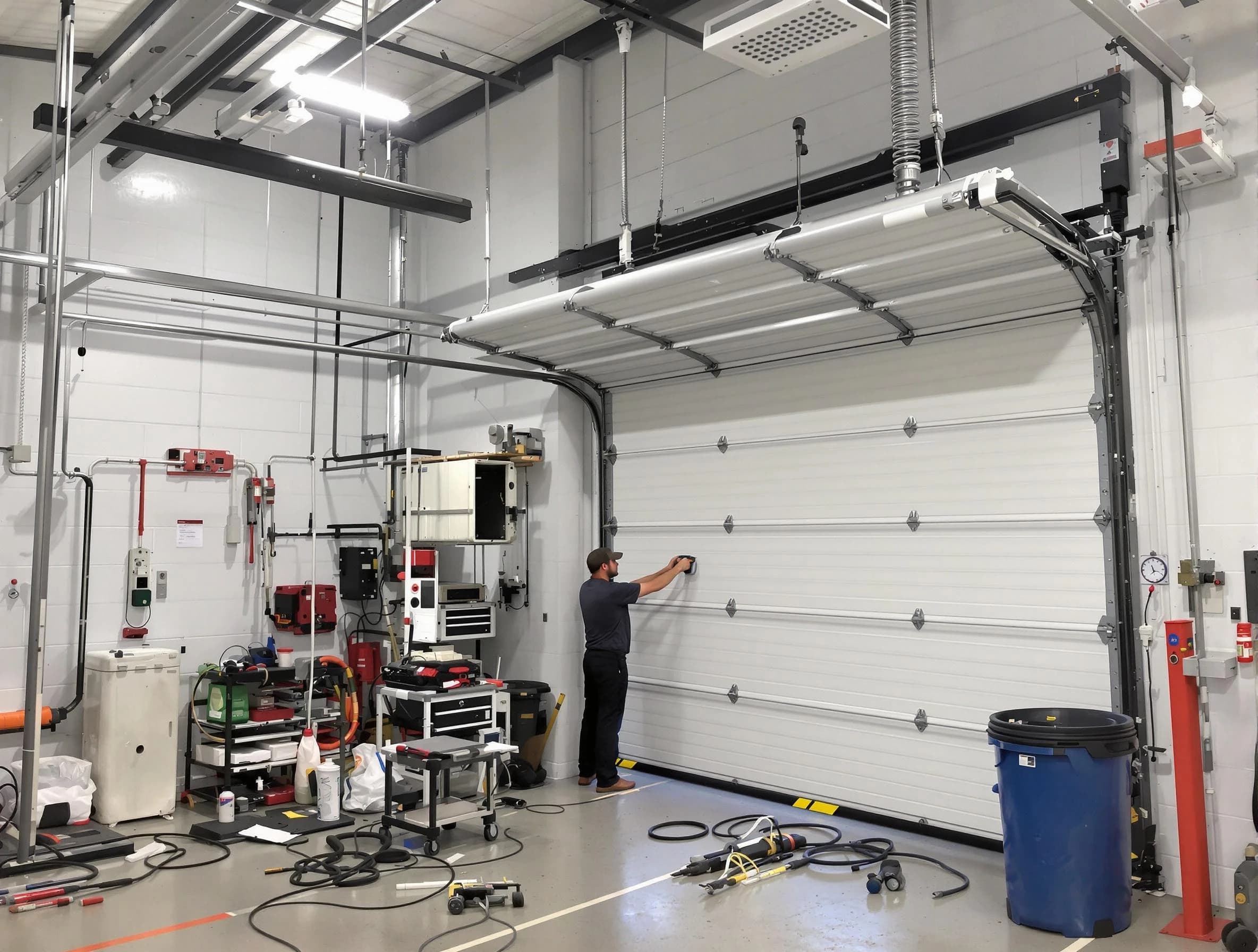 Lowell Garage Door Repair certified technician performing commercial door repair at a Lowell business facility