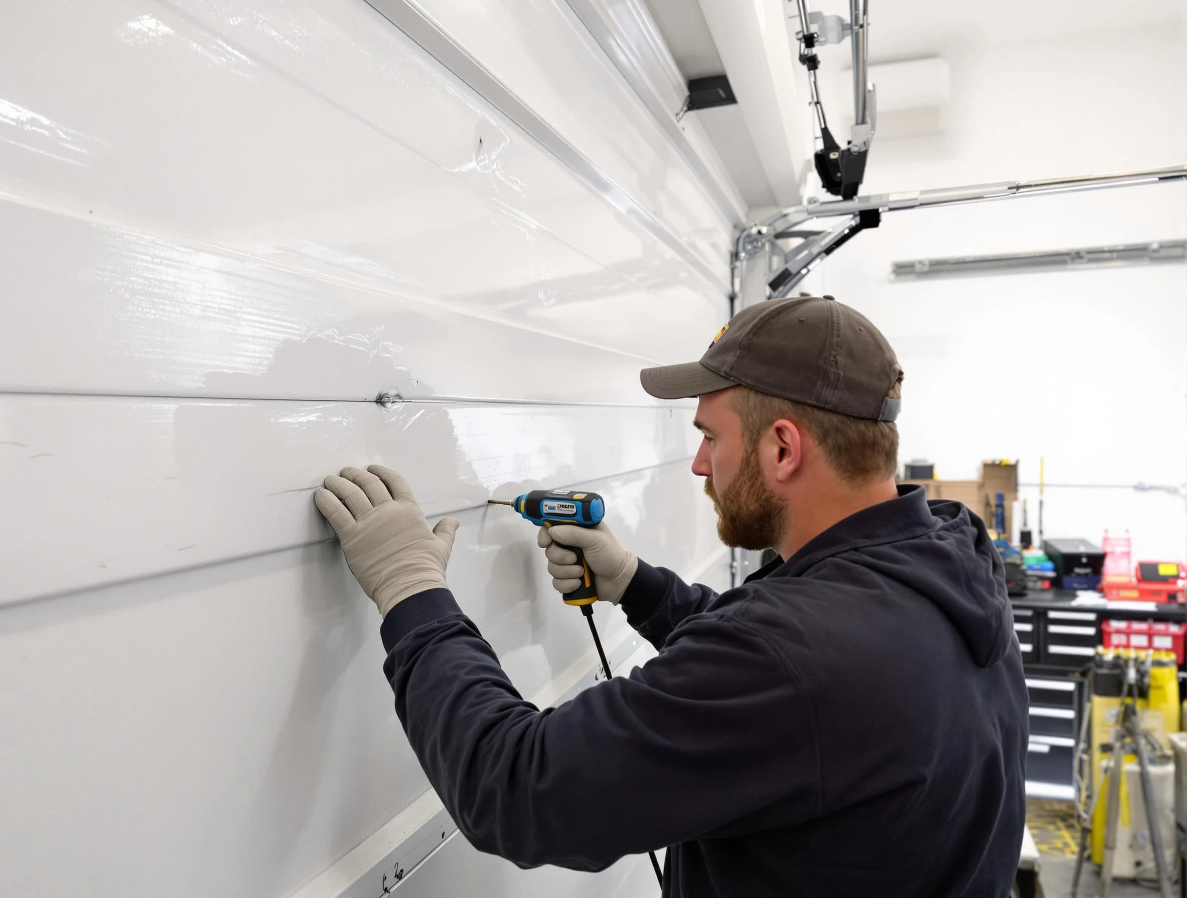 Lowell Garage Door Repair technician demonstrating precision dent removal techniques on a Lowell garage door