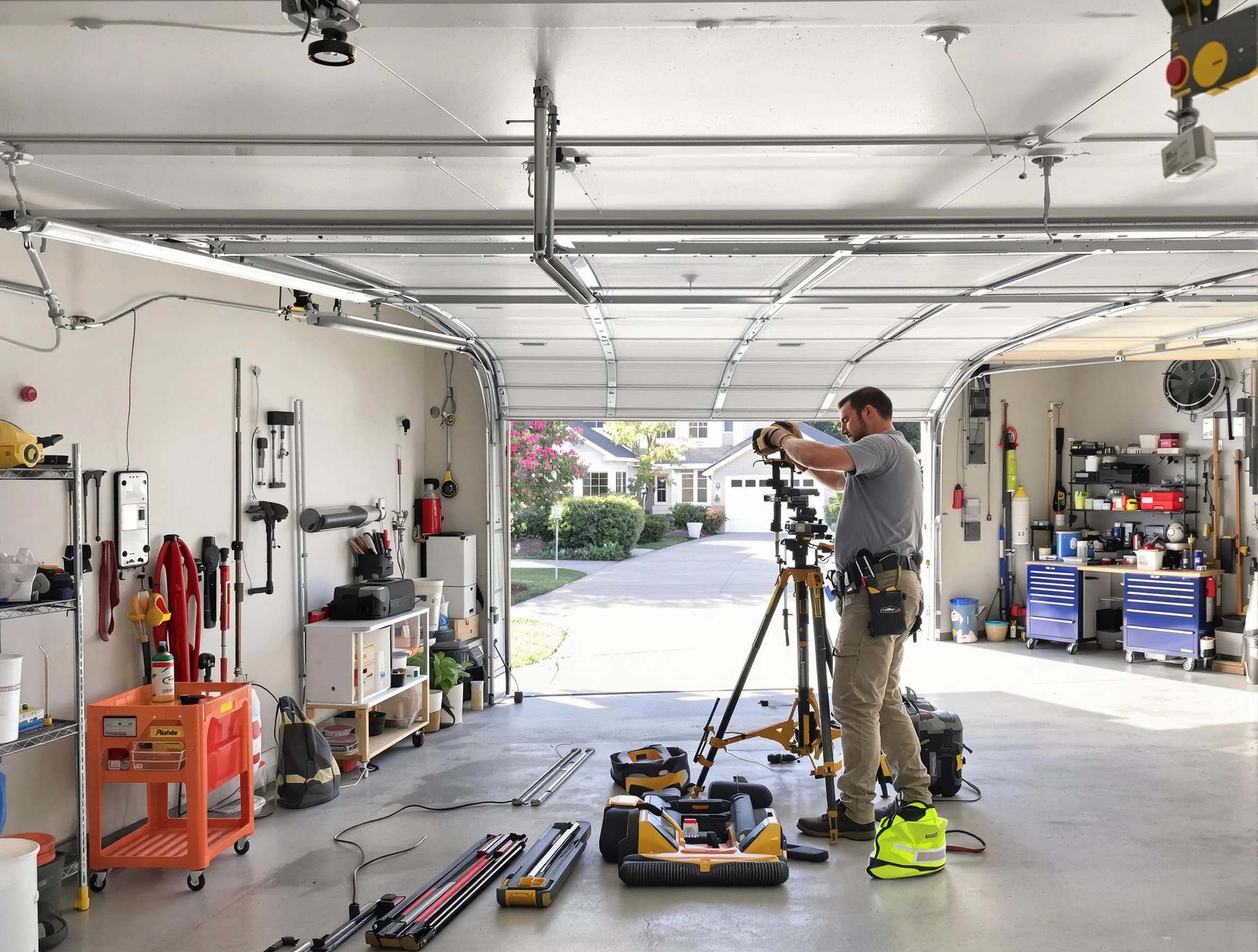 Lowell Garage Door Repair specialist performing laser-guided track alignment in Lowell