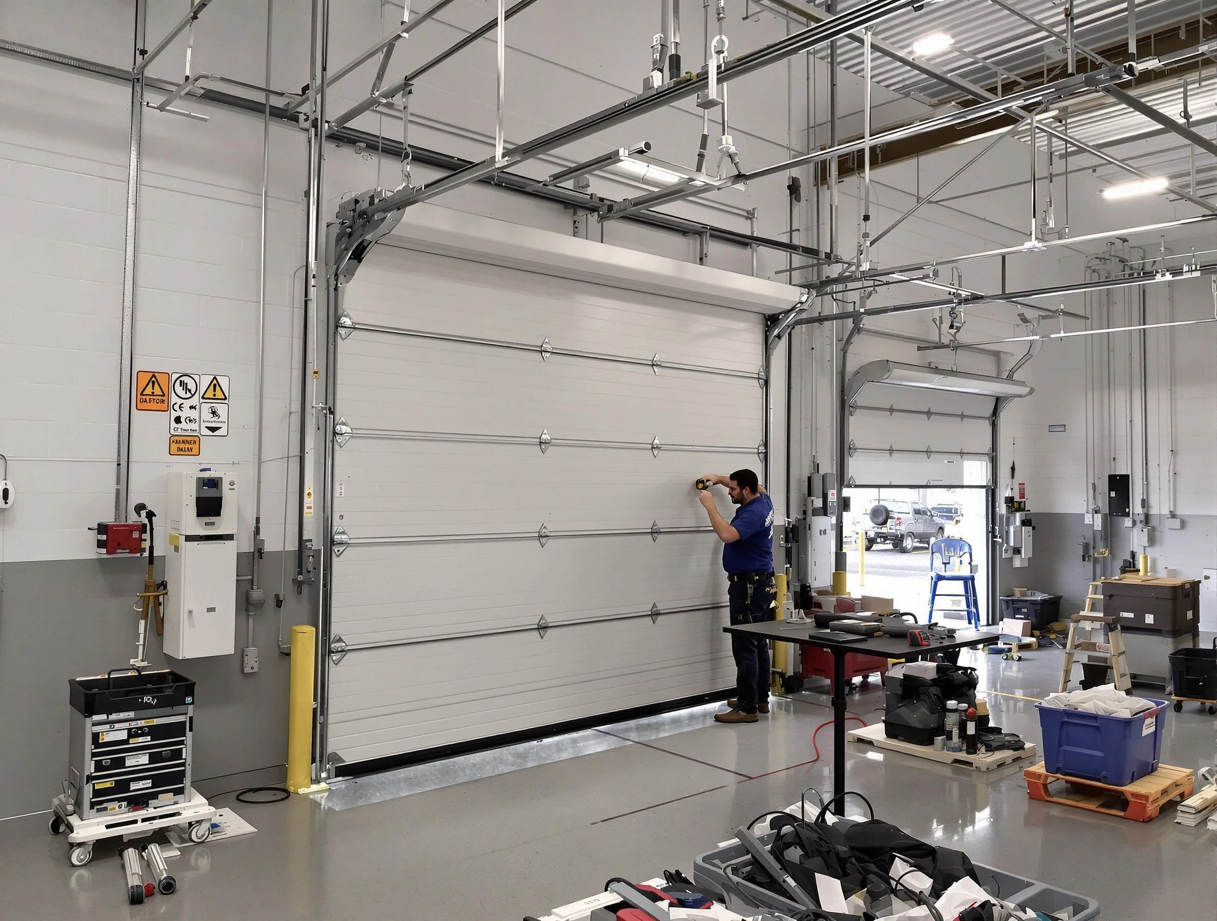 Commercial garage door repair being performed by Lowell Garage Door Repair expert in Lowell