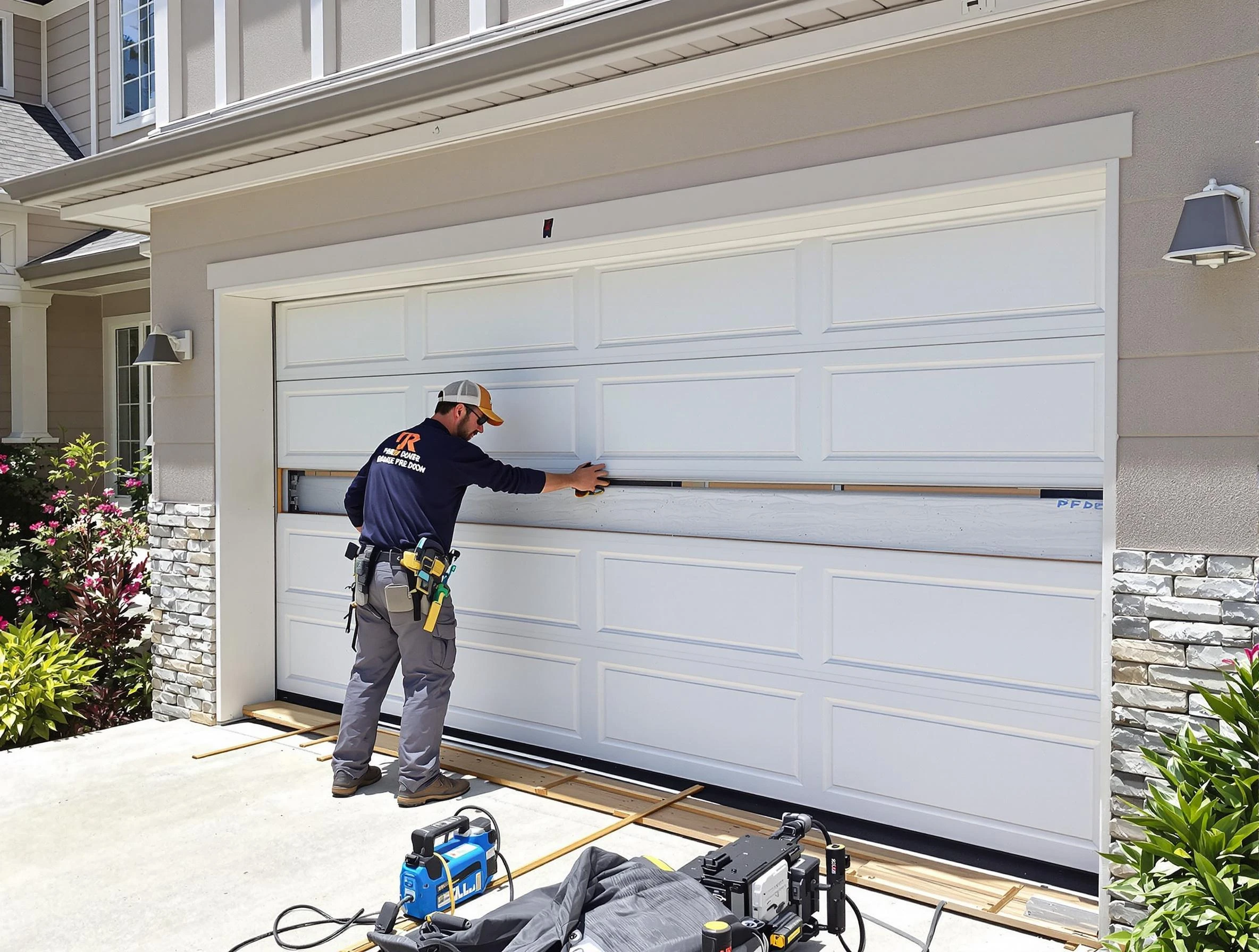 Lowell Garage Door Repair team performing complete garage door replacement at Lowell residence