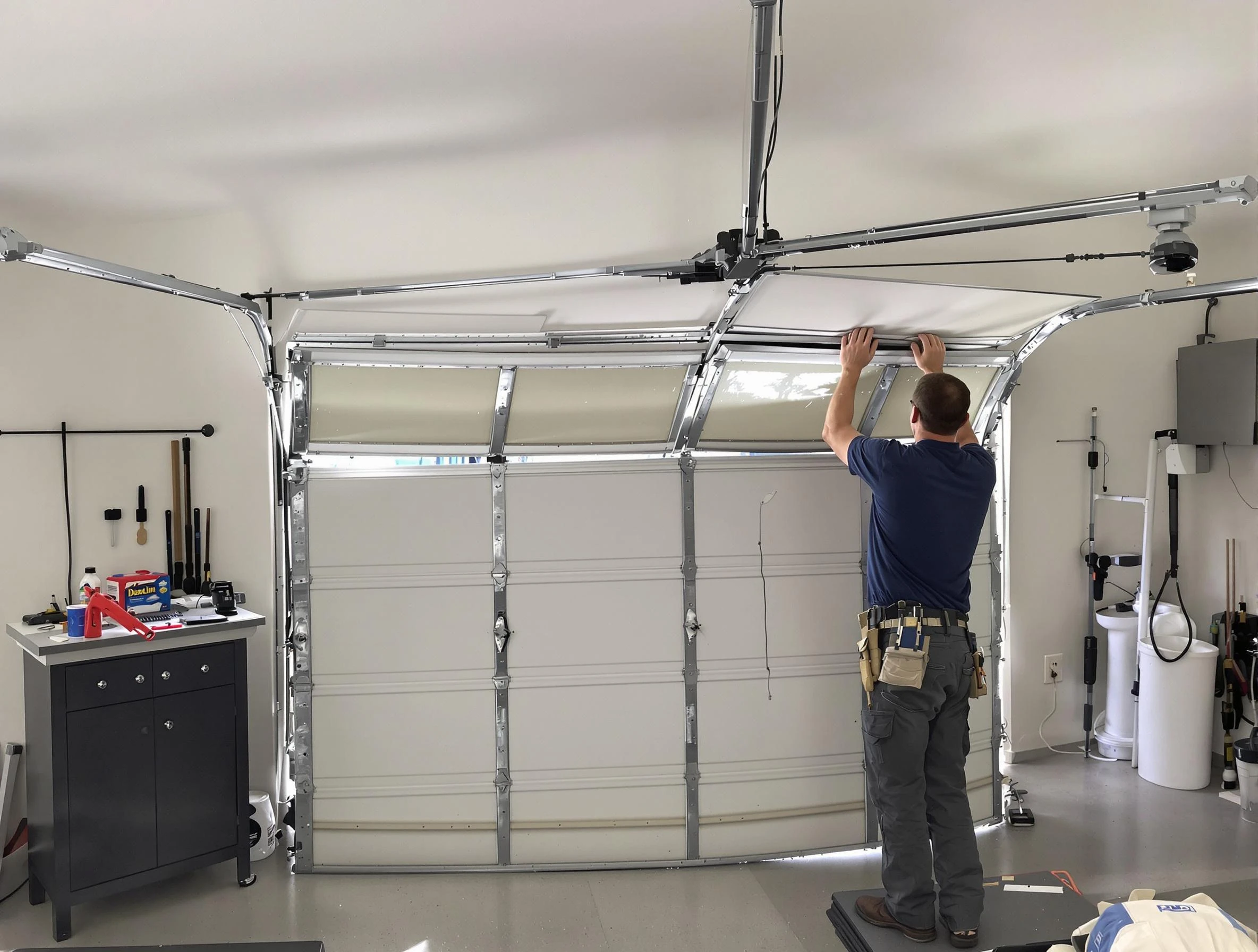 Lowell Garage Door Repair specialist performing precise section replacement on Lowell garage door